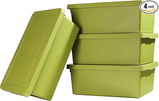 4 packs Green Storage File Boxes,Plastic Shelf Baskets,Stackable Boxes with Lid Buckles,Garage container, art bin,Office,Bedroom Storage Bins for Organizing clothes,books,snacks,sundries,outdoors