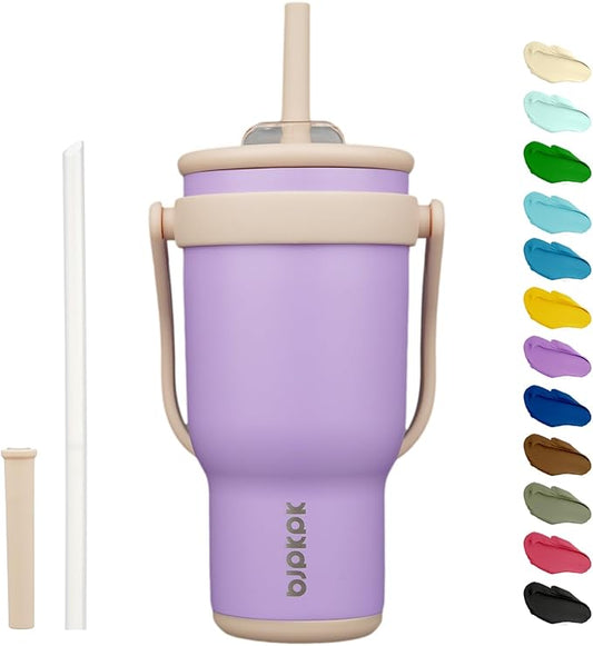BJPKPK 30 OZ Insulated Travel Tumbler with Handle and Straw, Stainless Steel Water Bottle, Double Wall Vacuum Insulated Mug, for Work, Car, Travel, Purple