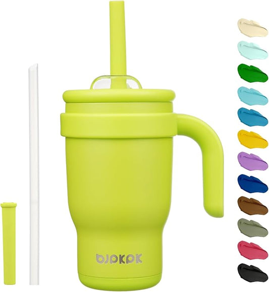 BJPKPK 14 OZ Insulated Travel Tumbler with Handle and Straw, Stainless Steel Water Bottle, Double Wall Vacuum Insulated Mug, for Work, Car, Travel, Bright Green