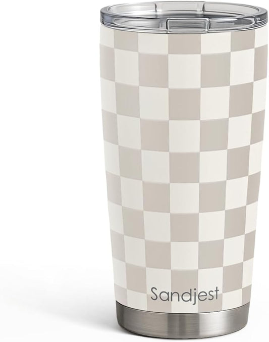 Checkered Tumbler 20oz Stainless Steel Insulated, Checker Travel Coffee Cup, Bow Gifts for Women Girls Teen, Birthday Christmas (Beige)
