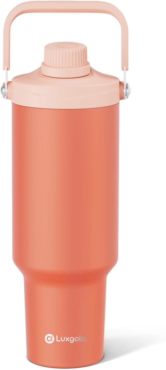 40 oz Insulated Tumbler, Double Wall Vacuum Stainless Steel Cup with Handle and Spout Lid, For Cold/Hot Drinks, Coffee Travel Mug for Car Holder/Home/Office/Party/Camping (Coral Orange-1 Pack)