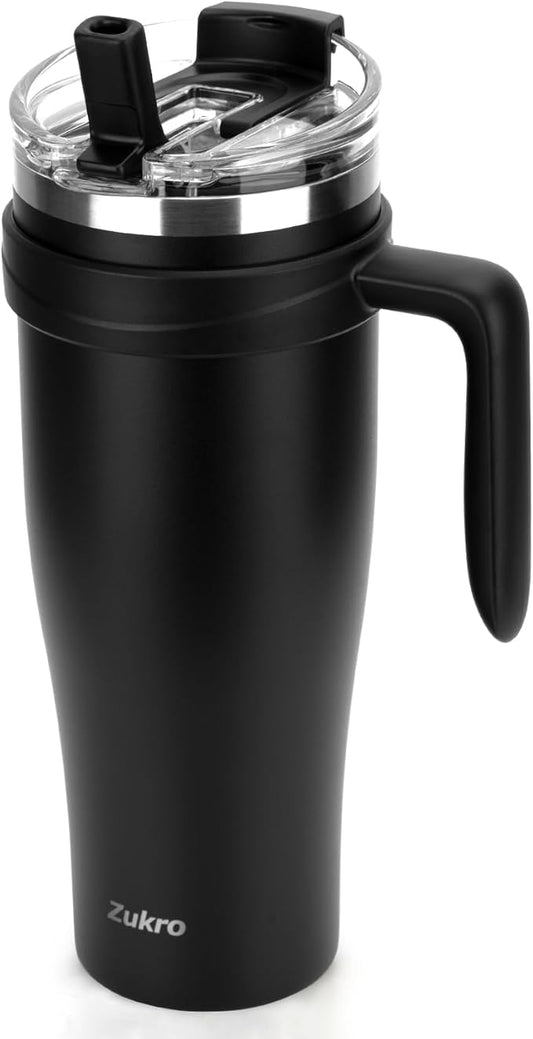 Zukro 50 oz Tumbler With Handle And Straw, Leak-proof Closable Flip Straw Lid, Insulated Stainless Steel Water Bottle for Hot & Cold Drinks, Large Travel Mug Fit in Cup Holder, Dishwasher Safe, Black