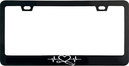 Nurse Heart License Plate Frame, 12 X 6 Inch Black Stainless Steel Car Accessories for Women/Men, with 2 Holes & Screws