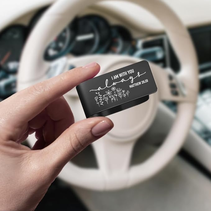 I Am with You Always Black Stainless Steel Car Visor Clip, Matthew 28:20 Sign Sun Visor Clip, Safe Driving Religious Gifts for New Drivers Friends Family Religious Lovers, Sweet 16 Gifts