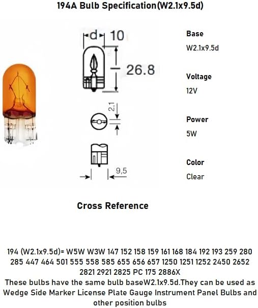100 Pack 194A 194NA Bulb,T10 2825 168 158 12961 WY5W Auto Side Marker Light Bulbs 194 Amber 194nall Yellow Orange Long Life Fit for Blazer Ford Ranger GMC Jimmy Honda-Fit