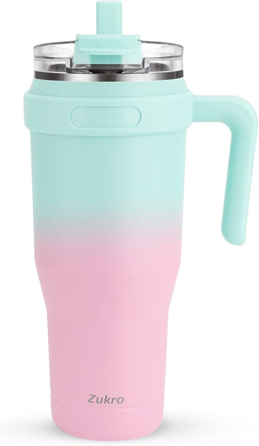 Zukro 50 oz Tumbler With Handle And Straw, Leak-proof Closable Flip Straw Lid, Insulated Stainless Steel Water Bottle for Hot & Cold Drinks, Large Travel Mug Fit in Cup Holder, Dishwasher Safe