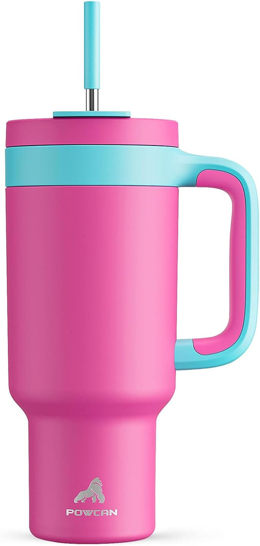 POWCAN 40 oz Tumbler with Handle, 2-in-1 Straw and Sip Lid, Leakproof, Dishwasher Safe, Insulated Stainless Steel Travel Coffee Mug, Keeps Cold for 34 Hours, Fits in Car Cup Holder (Barbie)