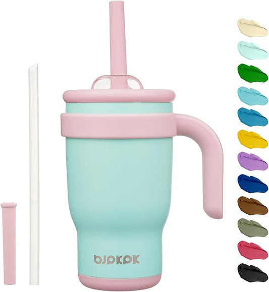BJPKPK 14 OZ Insulated Travel Tumbler with Handle and Straw, Stainless Steel Water Bottle, Double Wall Vacuum Insulated Mug, for Work, Car, Travel, Guava