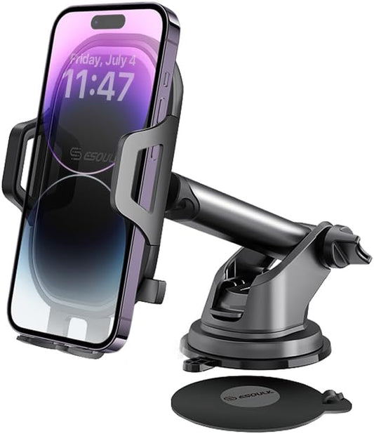Esoulk 360° Rotating Windshield & Dashboard Car Phone Holder – Strong Suction Cup, Adjustable Long Arm, Secure Grip, Compatible with iPhone, Samsung, Android, GPS (Dash (Slide Arm))