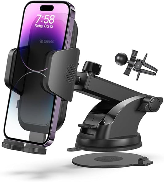 3-in-1 Car Phone Holder [Strongest Suction & Stable Clamp Arm] 360° Adjustable Car Phone Mount, Cell Phone Holders for Your Car for Dashboard Vent, All Smartphones & Car Models (Dash & Air Vent)