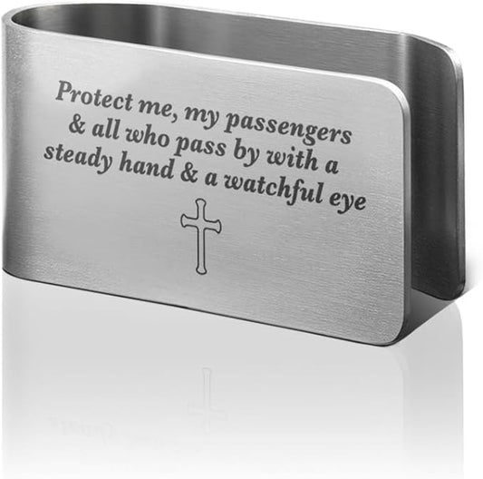 Protect Me My Passengers and All Who Pass by Engraved Stainless Steel Car Visor Clip, Reminder to Stay Safe, Safe Driving Religious Gifts for Family Friend Taxi Driver, New Driver Gifts