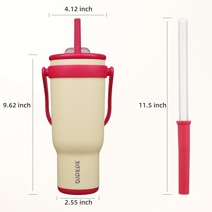 BJPKPK 40 OZ Insulated Travel Tumbler with Handle and Straw, Stainless Steel Water Bottle, Double Wall Vacuum Insulated Mug, for Work, Car, Travel, Cream