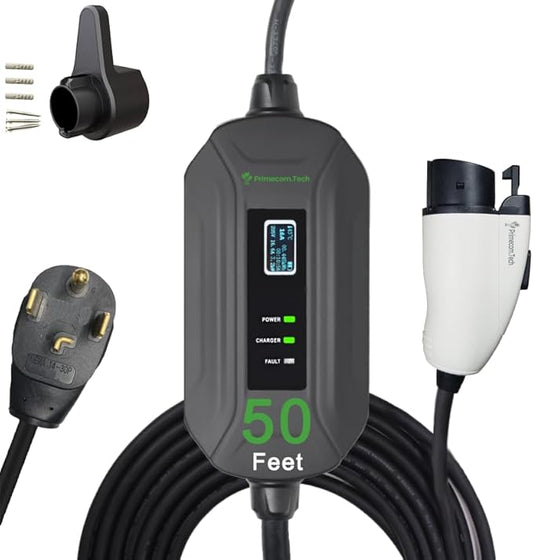 PRIMECOM Level 2 EV Charger 220/240V, 16A, 30ft & 50ft, Portable EVSE Electric Vehicle Charging Cable Compatible with Bolt Volt Leaf BMW i3 Fiat 500e Clarity NIRO Prius (50 Feet, 14-30P)