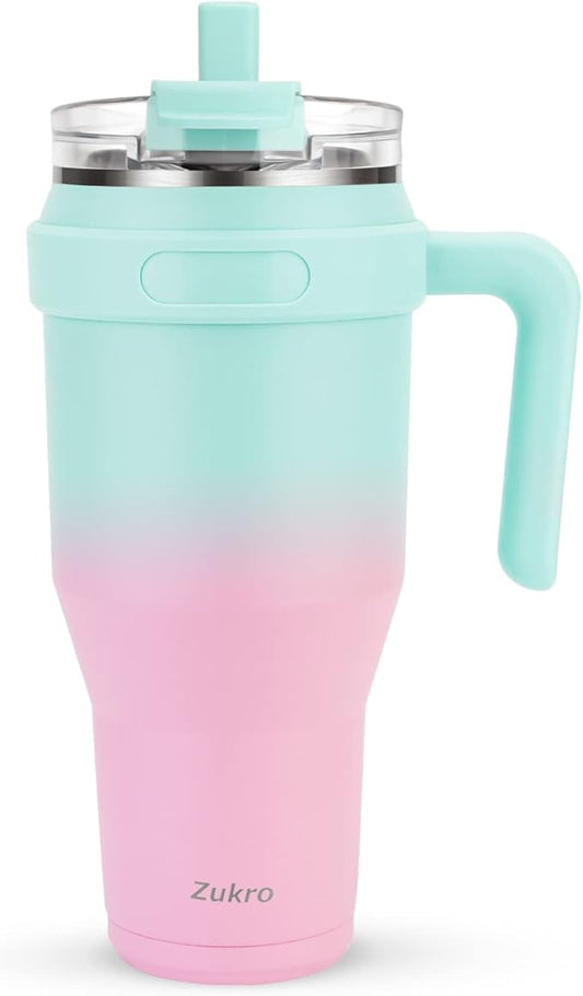Zukro 40 oz Tumbler With Handle And Straw, Leak-proof Closable Flip Straw Lid, Insulated Stainless Steel Coffee Cup for Hot and Cold Drinks, Travel Mug Fit in Cup Holder, Dishwasher Safe