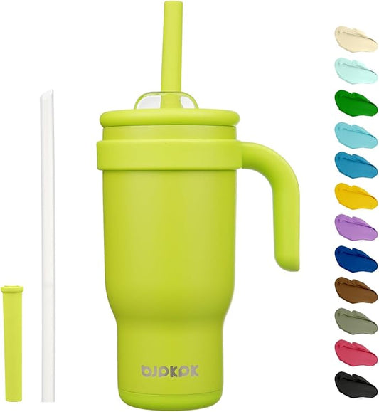 BJPKPK 18 OZ Insulated Travel Tumbler with Handle and Straw, Stainless Steel Water Bottle, Double Wall Vacuum Insulated Mug, for Work, Car, Travel, Bright Green