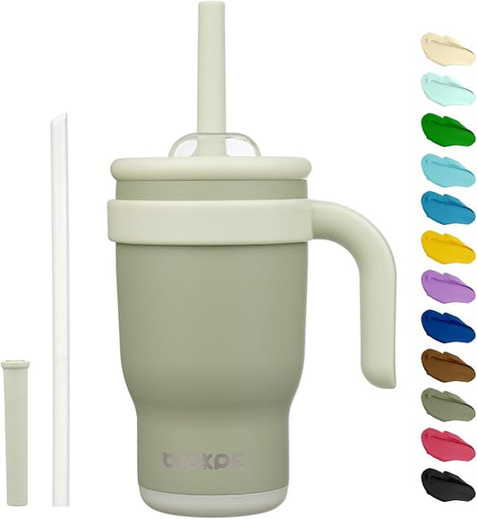 BJPKPK 14 OZ Insulated Travel Tumbler with Handle and Straw, Stainless Steel Water Bottle, Double Wall Vacuum Insulated Mug, for Work, Car, Travel, Forest Green
