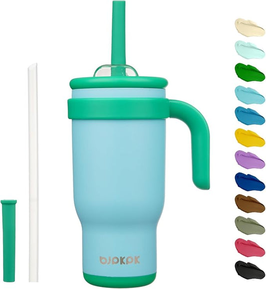 BJPKPK 18 OZ Insulated Travel Tumbler with Handle and Straw, Stainless Steel Water Bottle, Double Wall Vacuum Insulated Mug, for Work, Car, Travel, Ice Blue