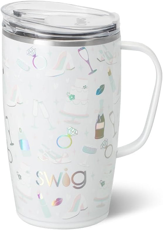 Swig Life 18oz Travel Mug, Insulated Tumbler with Handle and Lid, Cup Holder Friendly, Dishwasher Safe, Stainless Steel, Travel Coffee Cup (Bride to Be)