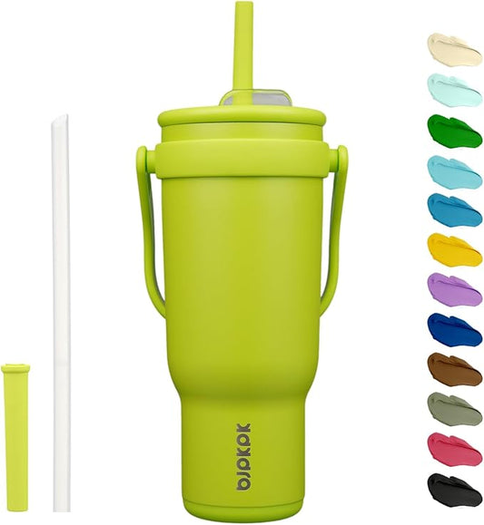 BJPKPK 40 OZ Insulated Travel Tumbler with Handle and Straw, Stainless Steel Water Bottle, Double Wall Vacuum Insulated Mug, for Work, Car, Travel, Bright Green