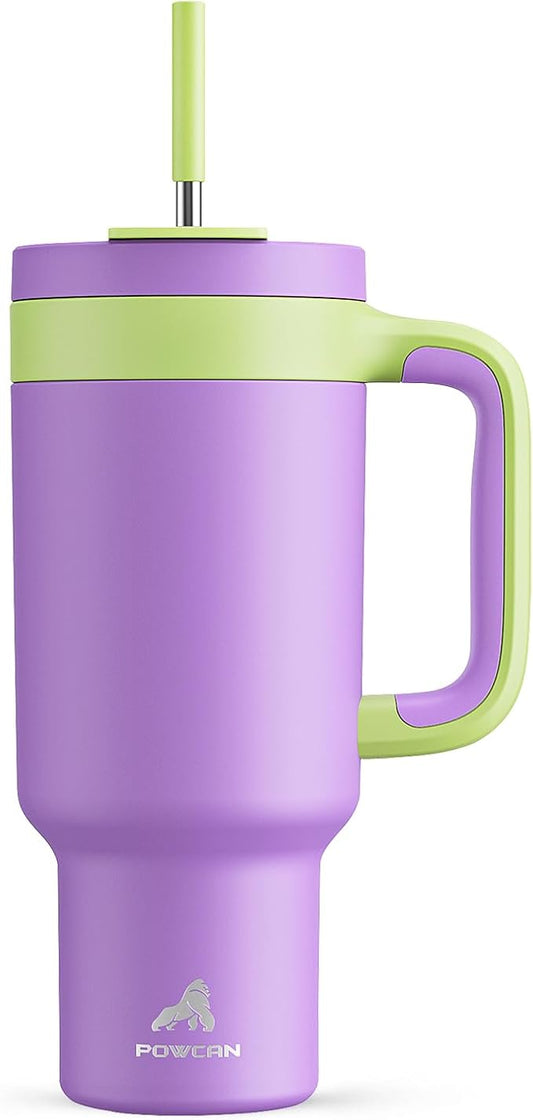 POWCAN 40 oz Tumbler with Handle, 2-in-1 Straw and Sip Lid, Leakproof, Dishwasher Safe, Insulated Stainless Steel Travel Coffee Mug, Keeps Cold for 34 Hours, Fits in Car Cup Holder (Wisteria)