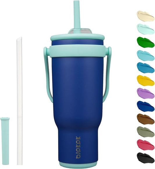 BJPKPK 40 OZ Insulated Travel Tumbler with Handle and Straw, Stainless Steel Water Bottle, Double Wall Vacuum Insulated Mug, for Work, Car, Travel, Deep Blue
