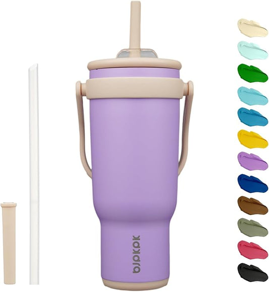 BJPKPK 40 OZ Insulated Travel Tumbler with Handle and Straw, Stainless Steel Water Bottle, Double Wall Vacuum Insulated Mug, for Work, Car, Travel, Purple
