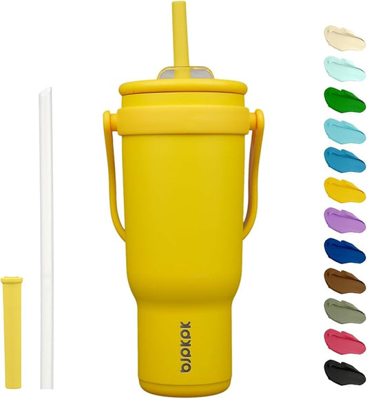 BJPKPK 40 OZ Insulated Travel Tumbler with Handle and Straw, Stainless Steel Water Bottle, Double Wall Vacuum Insulated Mug, for Work, Car, Travel, Yellow