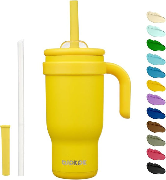 BJPKPK 18 OZ Insulated Travel Tumbler with Handle and Straw, Stainless Steel Water Bottle, Double Wall Vacuum Insulated Mug, for Work, Car, Travel, Yellow