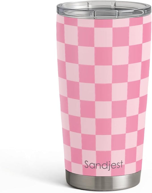 Checkered Tumbler 20oz Stainless Steel Insulated, Checker Travel Coffee Cup, Bow Gifts for Women Girls Teen, Birthday Christmas (Pink)