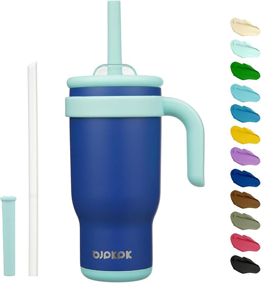 BJPKPK 18 OZ Insulated Travel Tumbler with Handle and Straw, Stainless Steel Water Bottle, Double Wall Vacuum Insulated Mug, for Work, Car, Travel, Deep Blue