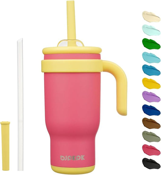 BJPKPK 18 OZ Insulated Travel Tumbler with Handle and Straw, Stainless Steel Water Bottle, Double Wall Vacuum Insulated Mug, for Work, Car, Travel, Rose Pink