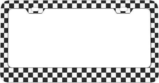 Black and White Checkerboard License Plate Frame, Car Tag Frame Aluminum Auto Decorative License Plate Holder for Men Women (2 Holes & Screws, 6 X 12 in)