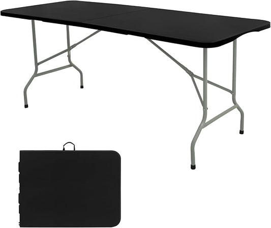 Folding Table 8 FT Camping Table Portable Heavy Duty Plastic Rectangular Outdoor Dining Table Steel Legs Fold-in-Half with Carrying Handle for Indoor,Picnic,Party,Wedding,Events(Black)