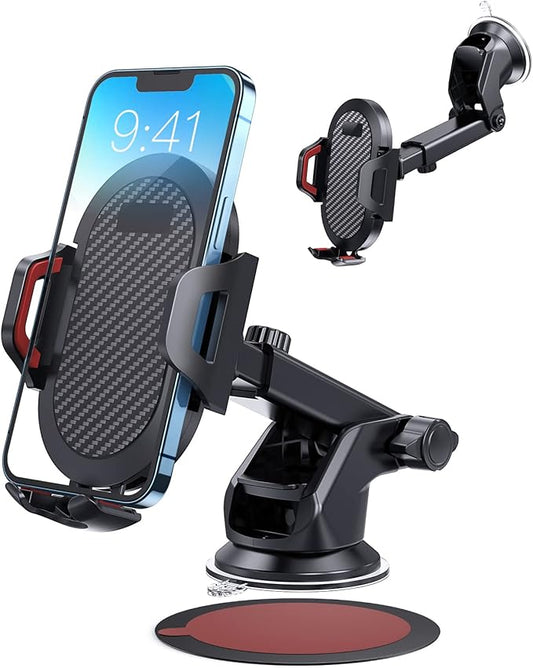 Car Phone Holder Mount, [Strong Suction Cup] [Military Grade Durable] for Windshield and Dashboard, Adjustable Long Arm Compatible with iPhone 16 15 14 Pro Max and All Smartphones (Red)