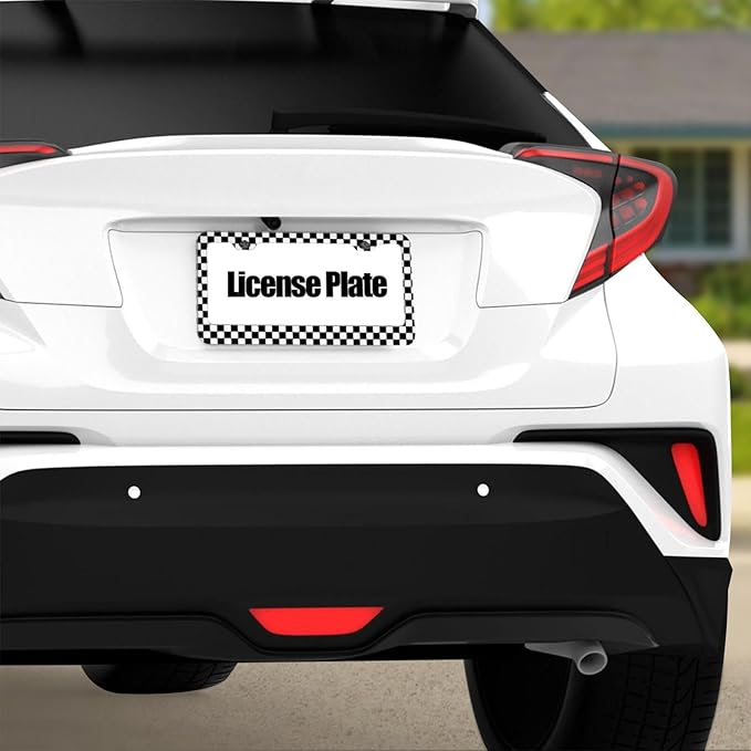 Black and White Checkerboard License Plate Frame, Car Tag Frame Aluminum Auto Decorative License Plate Holder for Men Women (2 Holes & Screws, 6 X 12 in)