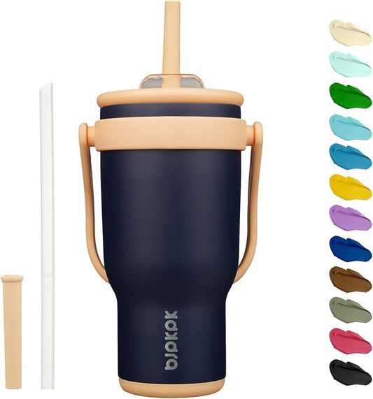 BJPKPK 30 OZ Insulated Travel Tumbler with Handle and Straw, Stainless Steel Water Bottle, Double Wall Vacuum Insulated Mug, for Work, Car, Travel, Navy Blue