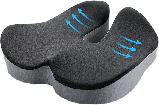 Memory Foam Seat Cushion for Office Chair Car, Home, Desk, Wheelchair Use, Ergonomic Chair Pad Portable Coccyx Cushion for Long Sitting, Tailbone & Sciatica Pain Relief (Black & Gray)