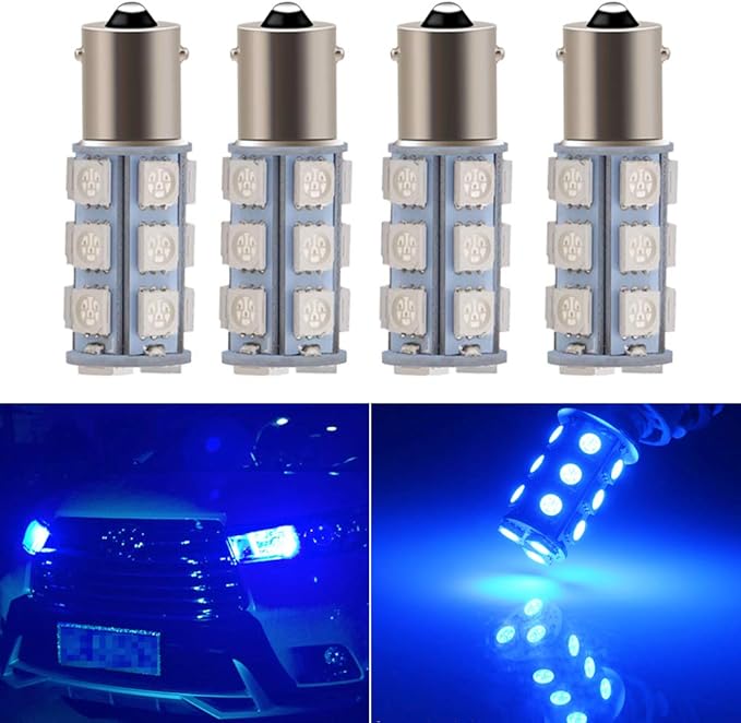 YM E-Bright Blue 1156 BA15S Led Bulb,1141 1073 7506 Base LED Replacement For RV Camper SUV MPV Car Turn Signal Bulb Tail/Corner light Backup Reverse Light 18SMD 5050Chips DC-12V, Pack of 4