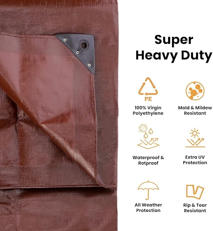 WHITEDUCK Super Heavy Duty Poly Tarp Cover 16 Mil & 10 Mil with Grommets and Reinforced Edges (Brown, White & Silver Black) (Brown- 16 Mil, 6' x 8')