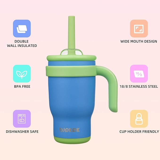 BJPKPK 14 OZ Insulated Travel Tumbler with Handle and Straw, Stainless Steel Water Bottle, Double Wall Vacuum Insulated Mug, for Work, Car, Travel, Sky Blue