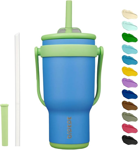 BJPKPK 30 OZ Insulated Travel Tumbler with Handle and Straw, Stainless Steel Water Bottle, Double Wall Vacuum Insulated Mug, for Work, Car, Travel, Sky Blue