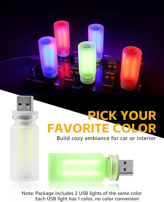 2PCS USB Car Lights, Touch Adjustment Lights, Plug in USB Vehicle Interior Ambient Light, Mini LED Retro Bulb Frosted Glass Night Light for Camping, Holiday Decoration, Party, Bedroom (Green)