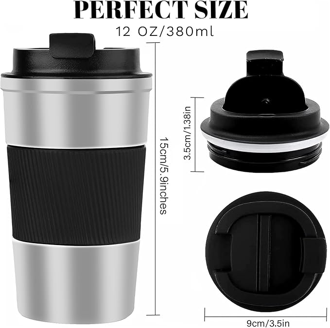 YINBAOGE Insulated Travel Coffee Mug, Spill & Leak Proof, Portable To Go Camping Stainless Steel Coffee Tumbler, Reusable Thermal Coffee Cup with Lid for Hot & Cold Drinks(Silver black, 12 OZ)