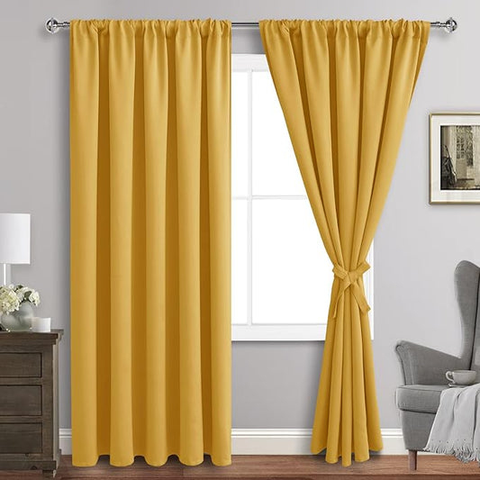 JIUZHEN Blackout Curtains for Bedroom - Thermal Insulated Room Darkening Noise Reducing, 60 x 84 Inch Length Curtains for Living Room, Set of 2 Panels with Tiebacks, Mustard Yellow