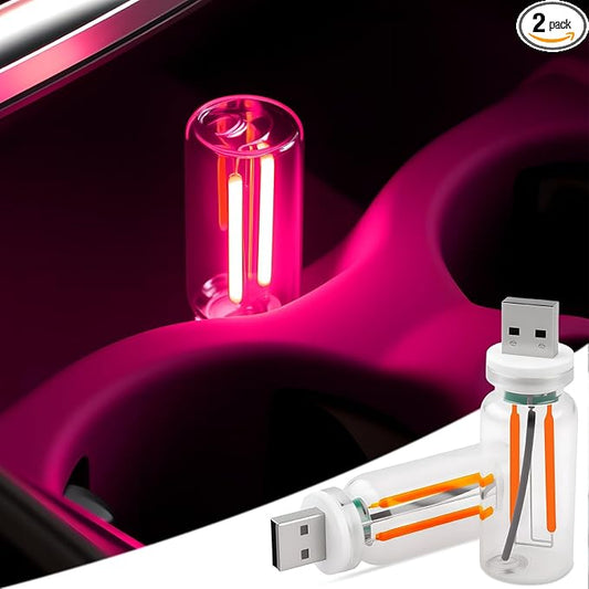 2PCS USB Lights for Car, Touch Dimmable Retro Car Lamp Interior LED Ambient Lighting, Portable Mini Glass Bottle LED Bulb Night Light for Vehicle Bedroom Hallway Camping Holiday Decoration (Pink)
