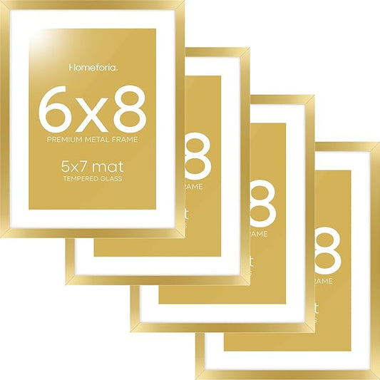 Homeforia 6x8 Picture Frame Gold, High End Metal 6 x 8 Frames with Mat 5 by 7 for Print, Photo Frame 6x8 Gold Matted to 5x7 inches Art, 6by8 Wall or Tabletop Frames, Tempered Glass, Wall Kit, Set of 4