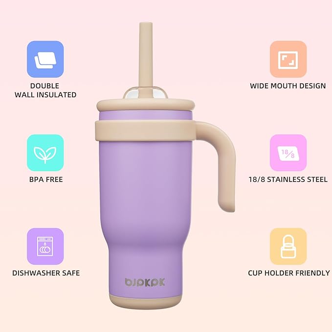 BJPKPK 18 OZ Insulated Travel Tumbler with Handle and Straw, Stainless Steel Water Bottle, Double Wall Vacuum Insulated Mug, for Work, Car, Travel, Purple