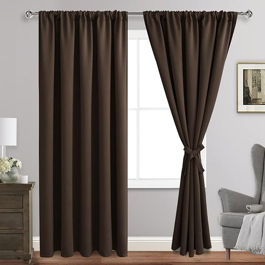 JIUZHEN Blackout Curtains for Bedroom - Thermal Insulated Room Darkening Noise Reducing, 70 x 84 Inch Length Curtains for Living Room, Set of 2 Panels with Tiebacks, Brown