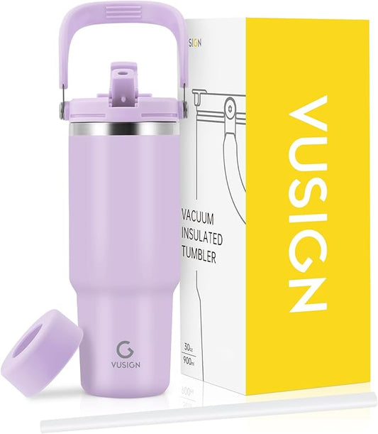 VUSIGN 30 oz Tumbler with Handle and Flip Straw, Stainless Steel Vacuum Insulated Water Bottle Travel Mug Thermal Cup for Home, Office, Car, Outdoors, Sports, Orchid