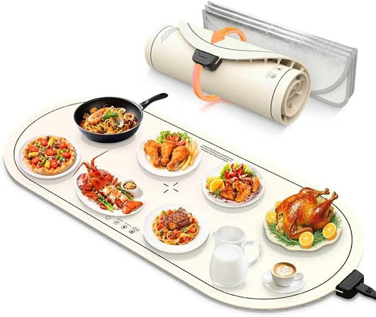 Warming Mat for Food Extra Large,Temperature Adjustable Food Warmers for Parties Buffet with Timer,Silicone Food warming trays with Heat Proof Base,Roll Up Food Heating Mat for Home & Travel(Beige)